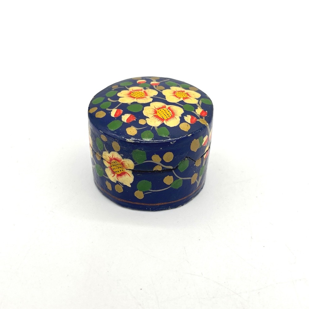 Fetco Kashmir India Hand‎ Painted Papier Mache Floral Trinket Box Navy Blue 2in